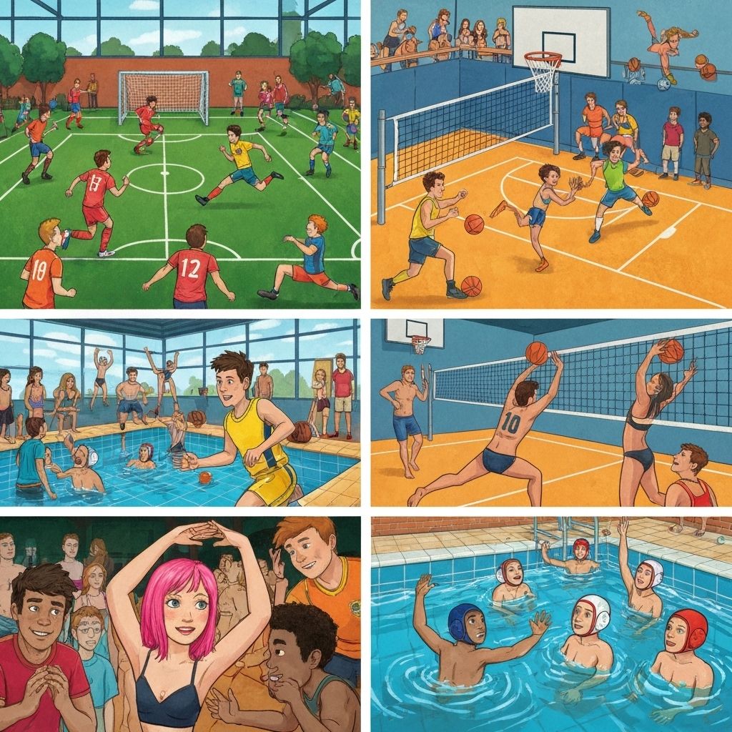 Wimmelbild mit verschiedenen Sportarten und jungen Menschen